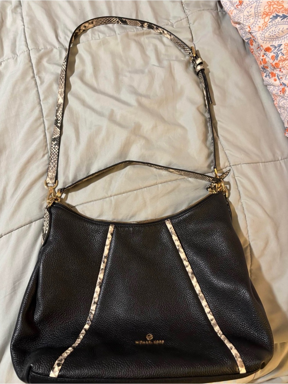 Michael Kors Black Leather Shoulder Bag with Snake-Print Trim